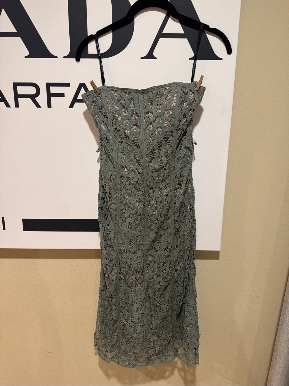 Y2K. Betsey Johnson Olive Strapless Crochet Midi Dress